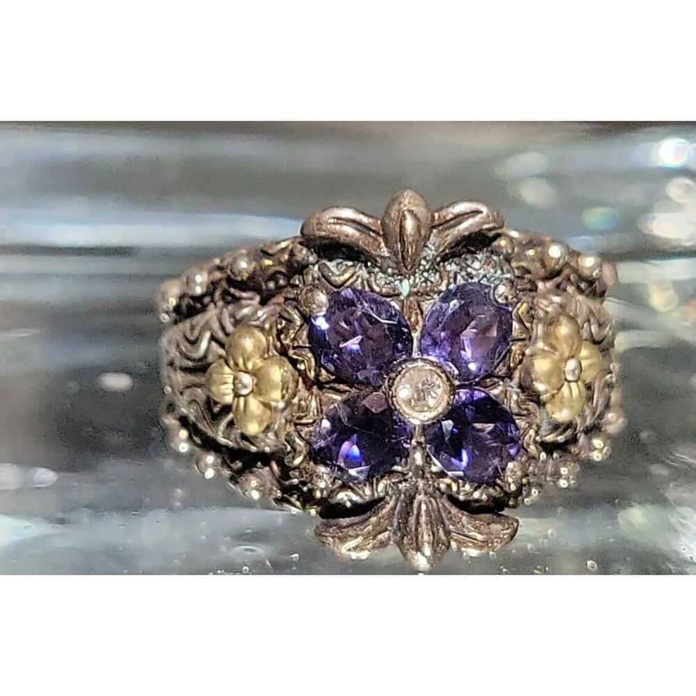 Barbara Bixby Floral Iolite Ring Sterling Silver 18K Gold - Size 6